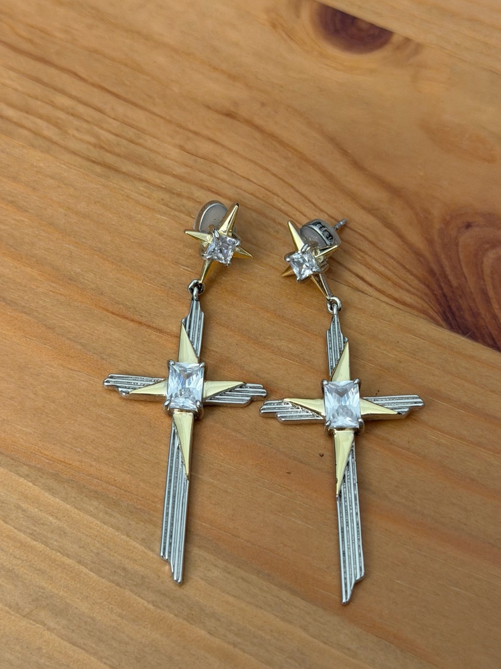 Two-Tone Gold & Silver Cross Drop Earrings with Clear Stones